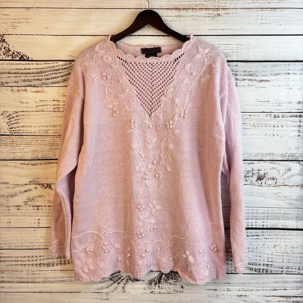 Vintage 80s 90s Sweater L Pink Cottagecore Embellished Pearls 3D Feminine Granny